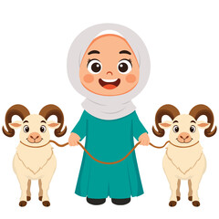 Cheerful Girl with Two Sheep Celebrate Eid Al Adha Illustration