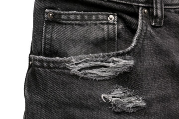 Stylish black denim jeans on white background
