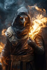 Mysterious Figure in Dark Robes Wielding Flames, Combining Elements of Fantasy and Mythology in a Dramatic Setting