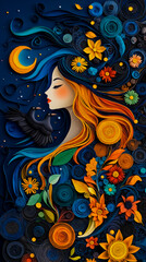 A woman with long hair and a bird in her hair