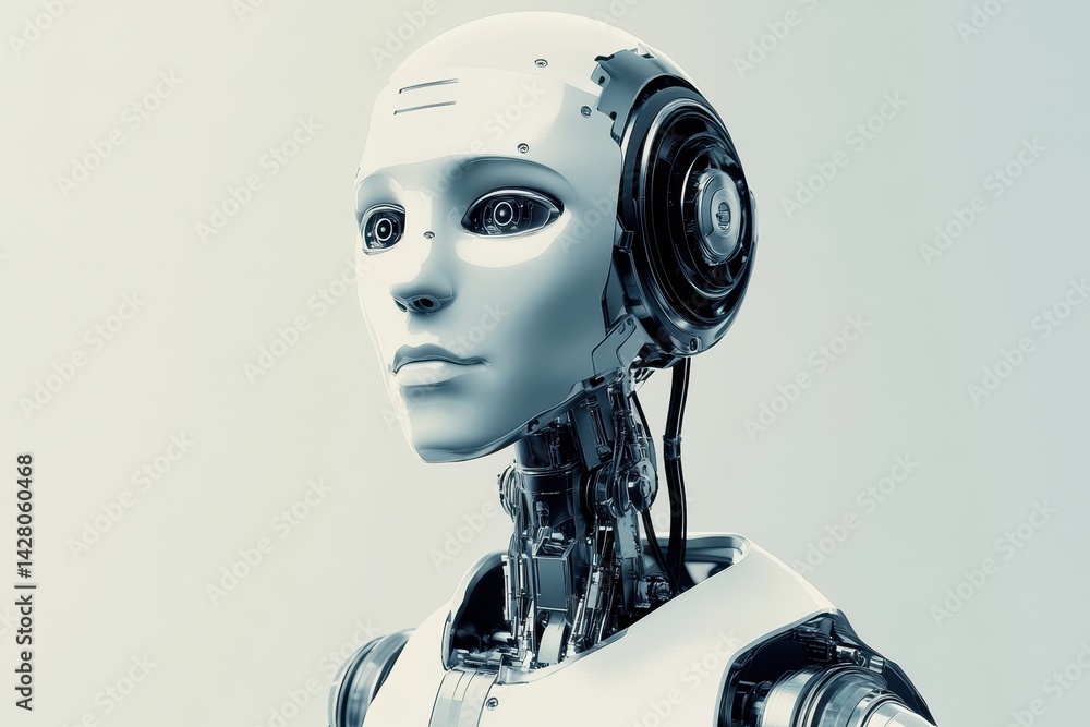 Poster advanced robotic humanoid with intricate design and expressive features in a futuristic setting