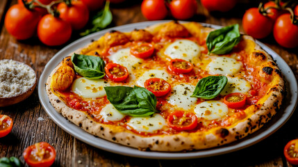 A pizza on a white plate with tomatoes and basil on a wooden table