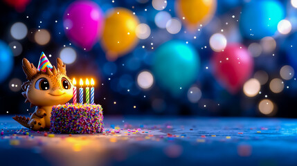 A small dinosaur sitting next to a birthday cake with candles