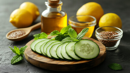 Close-up of cucumber and flax on wooden plate