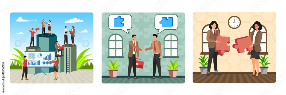 Aufkleber virtual business assistant. teamwork to find a solution. teamwork puzzles in hands of business team.
