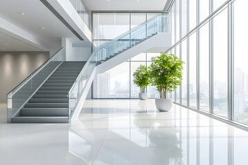 Obraz premium Modern Office Lobby with Staircase and Plants