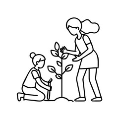 mother and child planting tree icon, mother and child planting tree line art - simple line art of mother and child planting tree, perfect for mother and child planting tree logos and icons