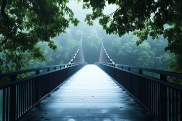 Fototapeta premium Misty bridge leading through a forest pathway on a rainy day