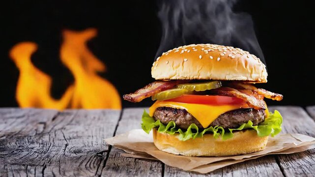 hamburger on a wooden burining flame  background