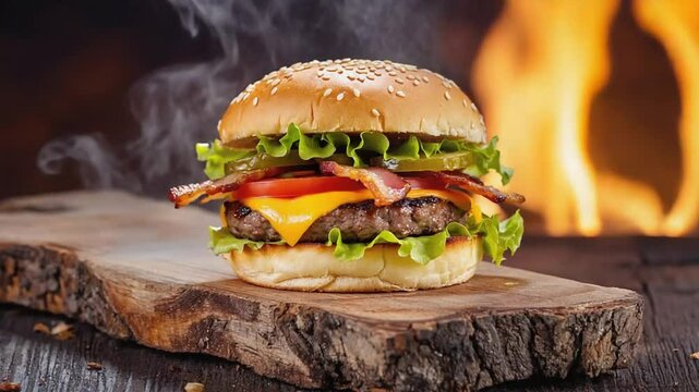 testy and restaurant food hamburger on a black background with flame 