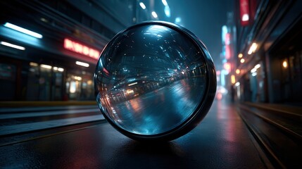 A smooth, reflective sphere rests on a neon-lit urban street, beautifully capturing the vibrant city lights and creating an intriguing visual dynamic in a stunning nighttime atmosphere.