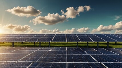 Conceptual illustration large-scale solar panel farm project with rows of photovoltaic panels across open field.