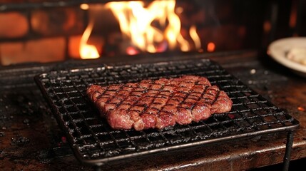 Grilled Steak on a Metal Grid Over Embers