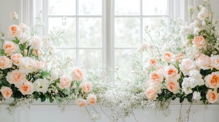 Naklejka premium Wedding photography backdrop featuring a white window with flowers. -