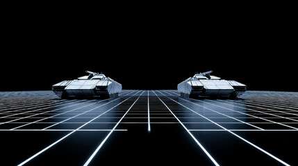 A couple of tanks sitting on top of a black and white grid