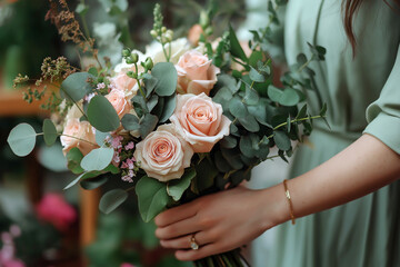 Florist arranging and holding a beautiful bouquet of soft pink roses and lush greenery in a floral shop