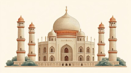 Watercolor Illustration of an Ivory Mausoleum with Four Minarets