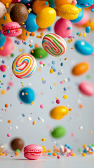 A bunch of colorful candies and macarons flying in the air