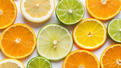 Fototapeta premium Colorful citrus fruit slices on a white background 
