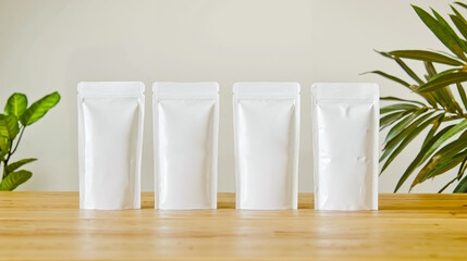 Three white stand up pouchs on a wooden table