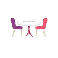 Fototapeta premium Stylish dining table with two colorful chairs, ideal for interior design projects. Perfect for modern homes, cafes, or restaurants, creating a welcoming and vibrant atmosphere.