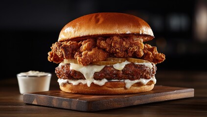 Chicken sandwich with sauce on a wooden board against a dark background.
