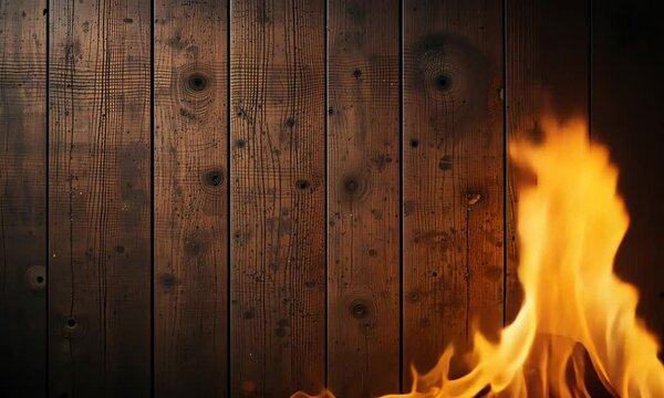 Close-up of wooden wall with dark burn marks and charred texture on the right side, warm firelight subtly glowing from offscreen. Concept of destruction and resilience