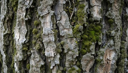 Obraz premium Texture background of tree bark with rough surface and green moss patches.