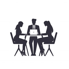 Three professionals engaged in a meeting around a table, utilizing a laptop for discussion, promoting teamwork and collaboration in a corporate environment.