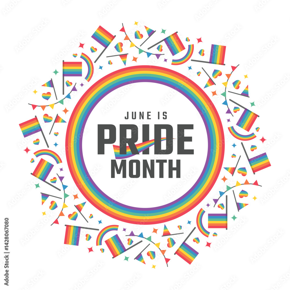 Poster june is pride month - text in circle rainbow frame and pride flags rainbow hearts around vector desi