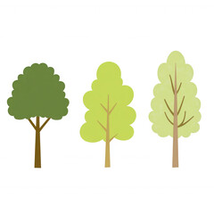 Three stylistic trees of varying shapes and shades of green. Perfect for environmental designs, illustrations, or nature-themed projects. Ideal for educational materials.