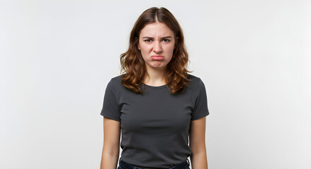 Fototapeta premium A woman with a displeased expression, frowning and looking directly at the camera against a neutral background.