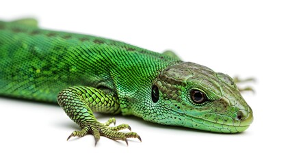 Obraz premium Vibrant Green Lizard Close-Up Detailed View of a Reptile's Texture, Scales, and Eyes. Perfect for Nature, Wildlife, or Scientific Publications.