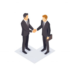 Two business professionals shaking hands in a formal meeting. The scene represents partnership, agreement, and collaboration in a corporate environment.