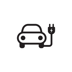 Black and White Icon of an Electric Car with Charging Plug and Lightning Bolt Representing Sustainable Transportation, EV Charging, Editable Vector Illustration Isolated on a White Background
