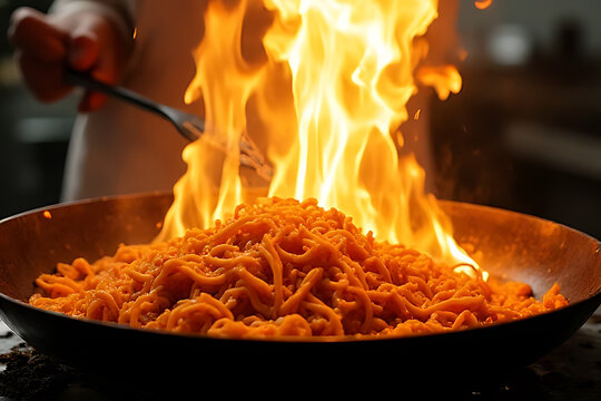 Flaming noodle cooking showdown restaurant kitchen food photography culinary arts close-up passion