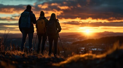 Three silhouetted photographers stand side-by-side, capturing the stunning sunset, symbolizing appreciation of nature and the joy of exploration in the beautiful outdoors.