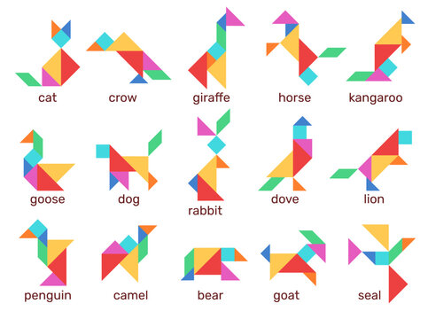 Tangram animals. Geometric puzzle, simple colorful shapes, kids logical and creativity childish education, assembly simple mosaic schemes, abstract flat cat and giraffe, qualitative vector set