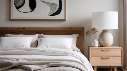 A luxury hotel room interior features a comfortable bed with pillows and bedding, a lamp, and stylish furniture for a relaxing sleep