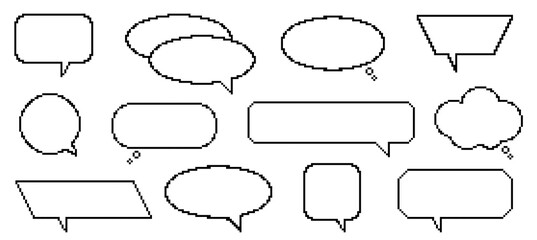 Obraz premium Pixel dialogue boxes. Retro video games elements, 8 bit graphic, speech balloons, thought bubbles, saying and messages frames, communication graphic different forms, nowaday vector isolated set