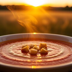 Warm Sunset Gazpacho Soup with Croutons Outdoor Scene