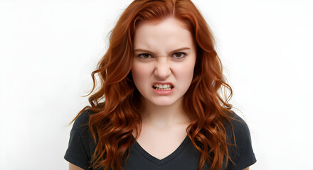 Obraz premium A powerful portrait of a red-haired woman expressing intense anger, with a stark white background emphasizing her vivid emotions.