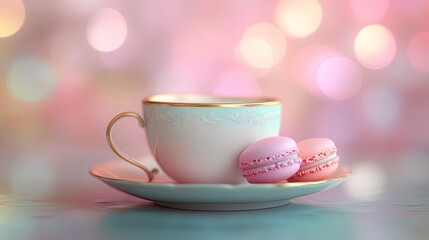 Soft focus teacup with pastel macarons .