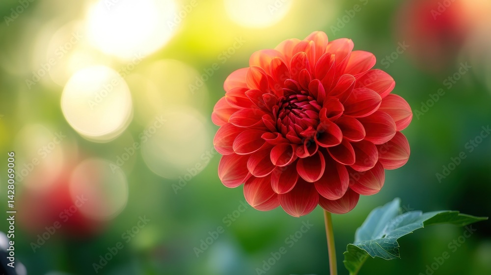 Poster vibrant red flower in soft focus against a nature background with beautiful bokeh effect and green f