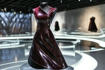 A modern asymmetrical leather dress in deep burgundy, presented on a rotating glass platform in a contemporary fashion exhibit, created by ai