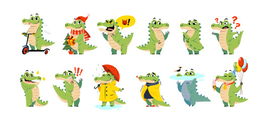 Fototapeta premium Funny crocodile. Cute animal character, cartoon reptile mascot, green alligator, different actions, poses and emotions, birthday and vacation cartoon flat style isolated tidy vector set