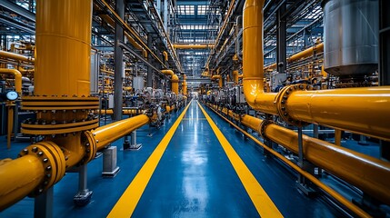 Industrial Plant Yellow Pipes and Blue Floor