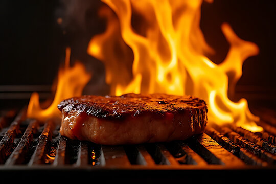 Grilling steak on flames backyard bbq food photography evening ambiance close-up shot