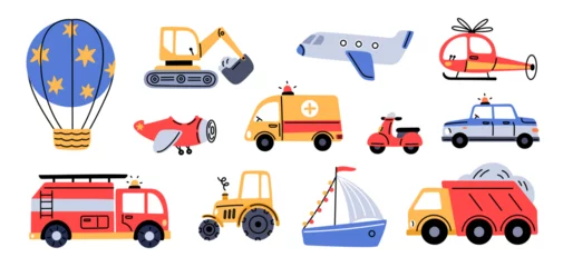 Selbstklebende Fototapeten Auto Color kids transport. Childish toys, cars, boats, airplanes and trucks, cute traffic elements, boys games equipment, plane, ship and police auto cartoon flat style isolated garish vector set  © YummyBuum