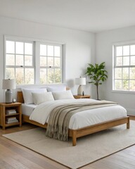  A realistic shot of a minimalist Scandinavian bedroom white linens on a low wooden platform bed, a neutral throw blanket, matching bedside table with a table lamp and potted plant.